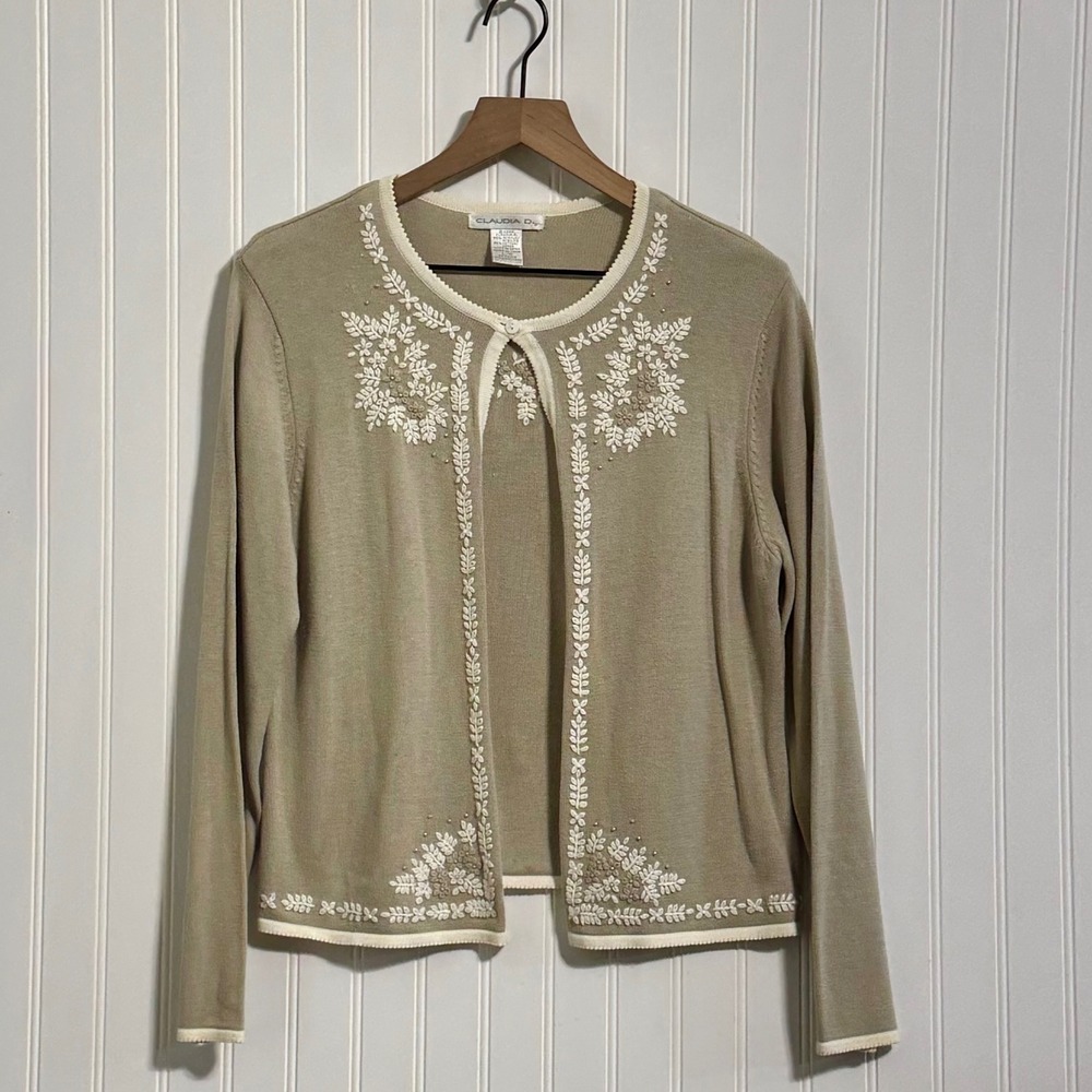 Claudia D. L Vintage‎ 2000 Embroidered Beaded Cardigan Tan Khaki Academinc Boho